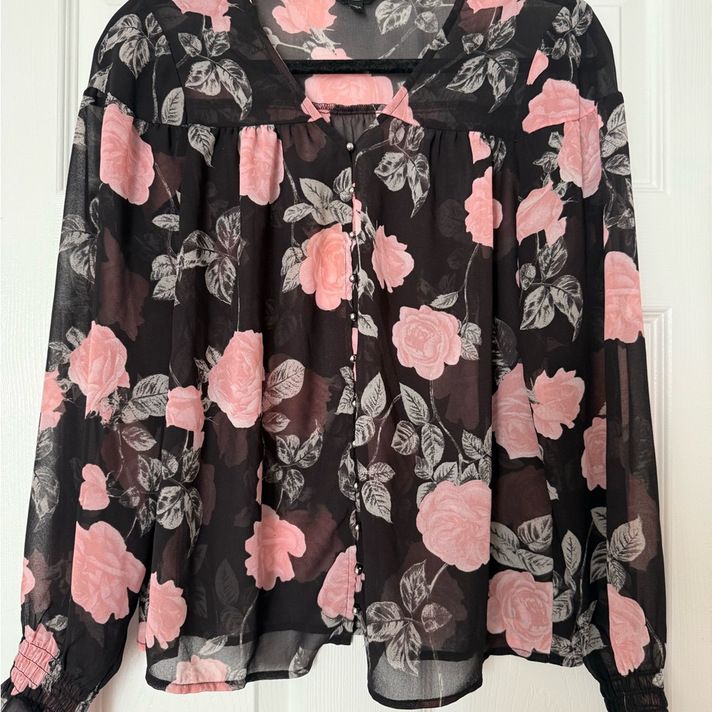 Guess Floral Black and Pink Sheer Women's Top, M